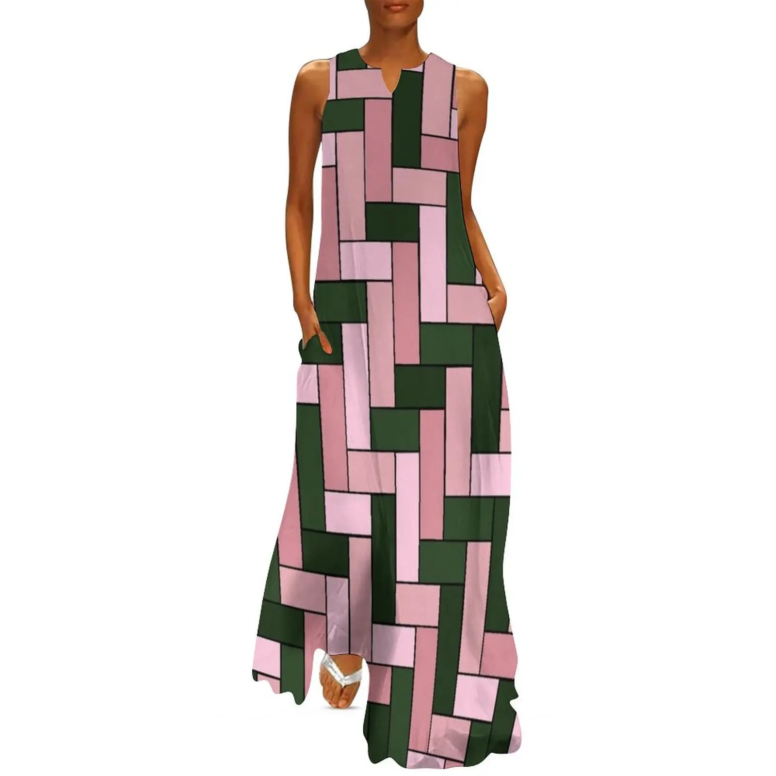 

Tiled Design in Pinks and Greens Long Dress Women's evening dress prom dresses 2025 Dress