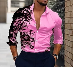 Men's Pink Classic Printed Shirt Fashionable Luxury Hawaiian Party Shirt Men's Long Sleeve Button Collar Casual Top Plus Size