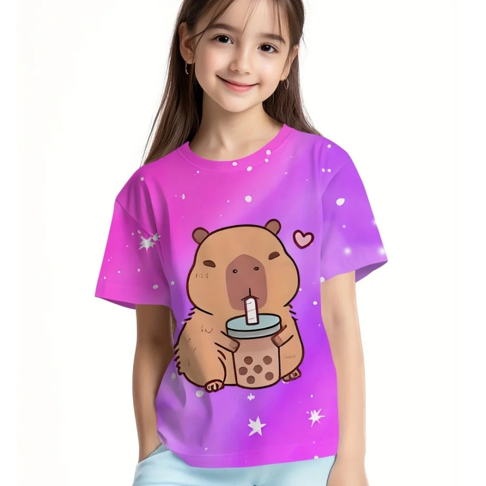 تي شيرت للفتيات موضة كابيبارا ملابس الأطفال ملابس الصيف الفتيات 7 إلى 8 سنوات بلايز لطيف القط المطبوعة تيز الطفل تي شيرت