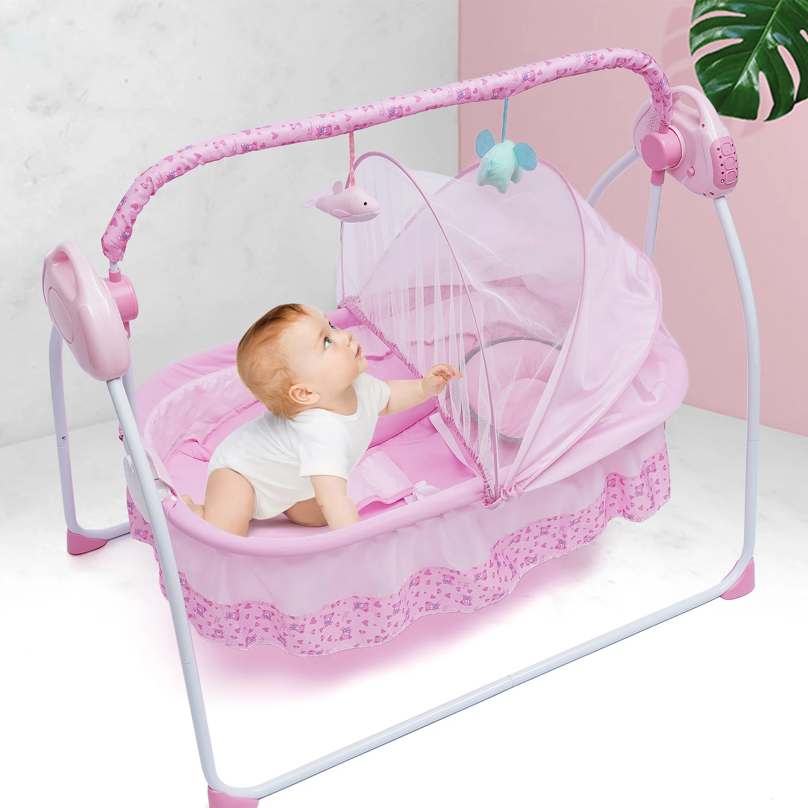 Pink Adjustable Baby Crib Cradle Foldable Electric Auto-Swing Rocking Bassinet Timer Bluetooth Nursery Furniture + Mat