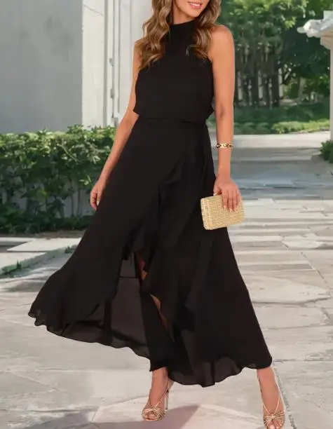 

2025 Summer Women's New Elegant Ruffle Irregular Shoulder Strap A-Line Dress