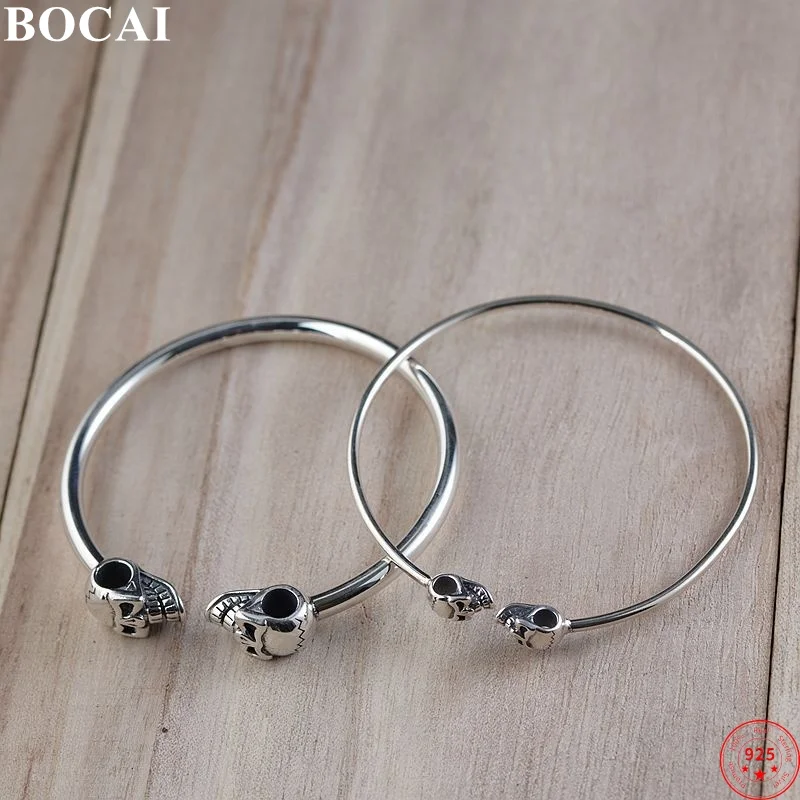 

BOCAI S925 браслеты из стерлингового серебра для мужчин и женщин ретро двойной череп глянцевый однотонный браслет модные ювелирные изделия в стиле панк оптом