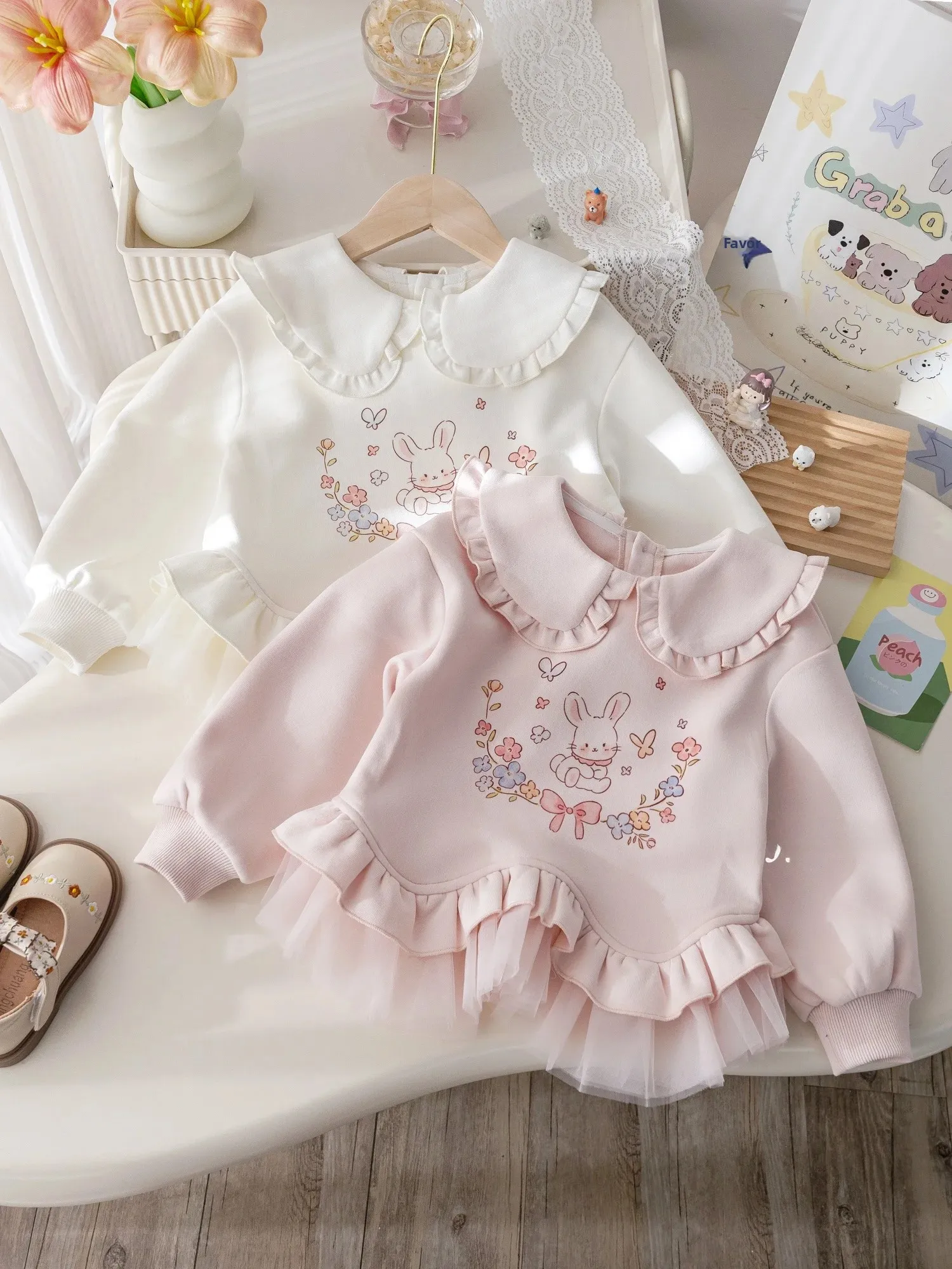 Autumnal Rabbit Print Sweatshirt for Girls Cute Cartoon Design Lace Trim Fashionable Top Comfortable Cotton Polyester Blend