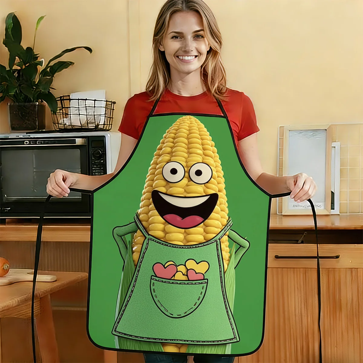 1pc 2D Flat Happy Corn Printed Pattern Apron Durable And Easy To Clean Adjustable Waistband 50x75cm 68x95cm
