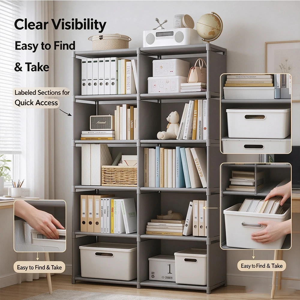 Dustproof Open Cube Storage Bookshelf, Easy Assemble Multi Grid Book Rack for Office Document & Household Storage