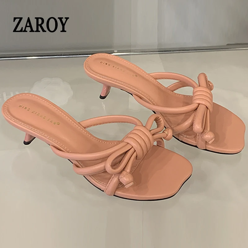 

Thin Low Heels Women's Mules Summer Square Open Toe Narrow Band Slippers Butterfly-knot Banquet Dress Slide Sandalias De Mujer
