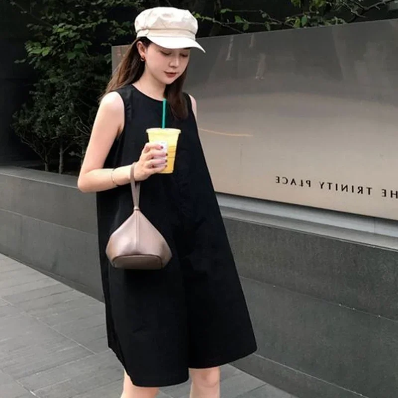 Rompers Women Solid O-Neck Sleeveless Loose Fashion Streetwear High Waist Simple Korean Version Summer All-match Tooling Style