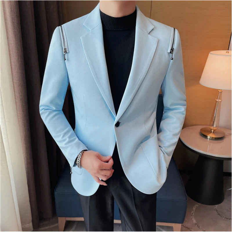 2023 New Men's Solid Color Blazer with Zipper Accents and Single Button Closure, Size M-4XL, 3 Colors - Blue Beige Black