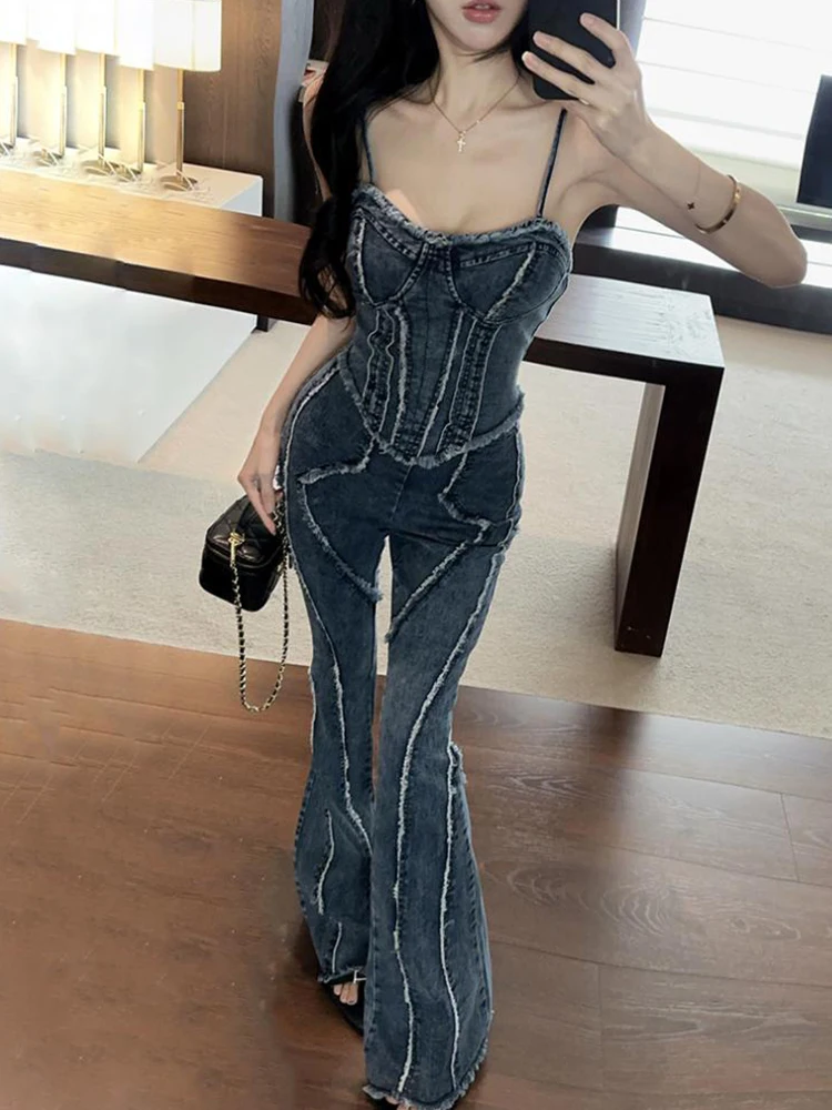 

Винтажный джинсовый комплект из 2 предметов: летний женский сексуальный топ с облегающим лифом и расклешенные джинсы с высокой талией, повседневный модный комплект.