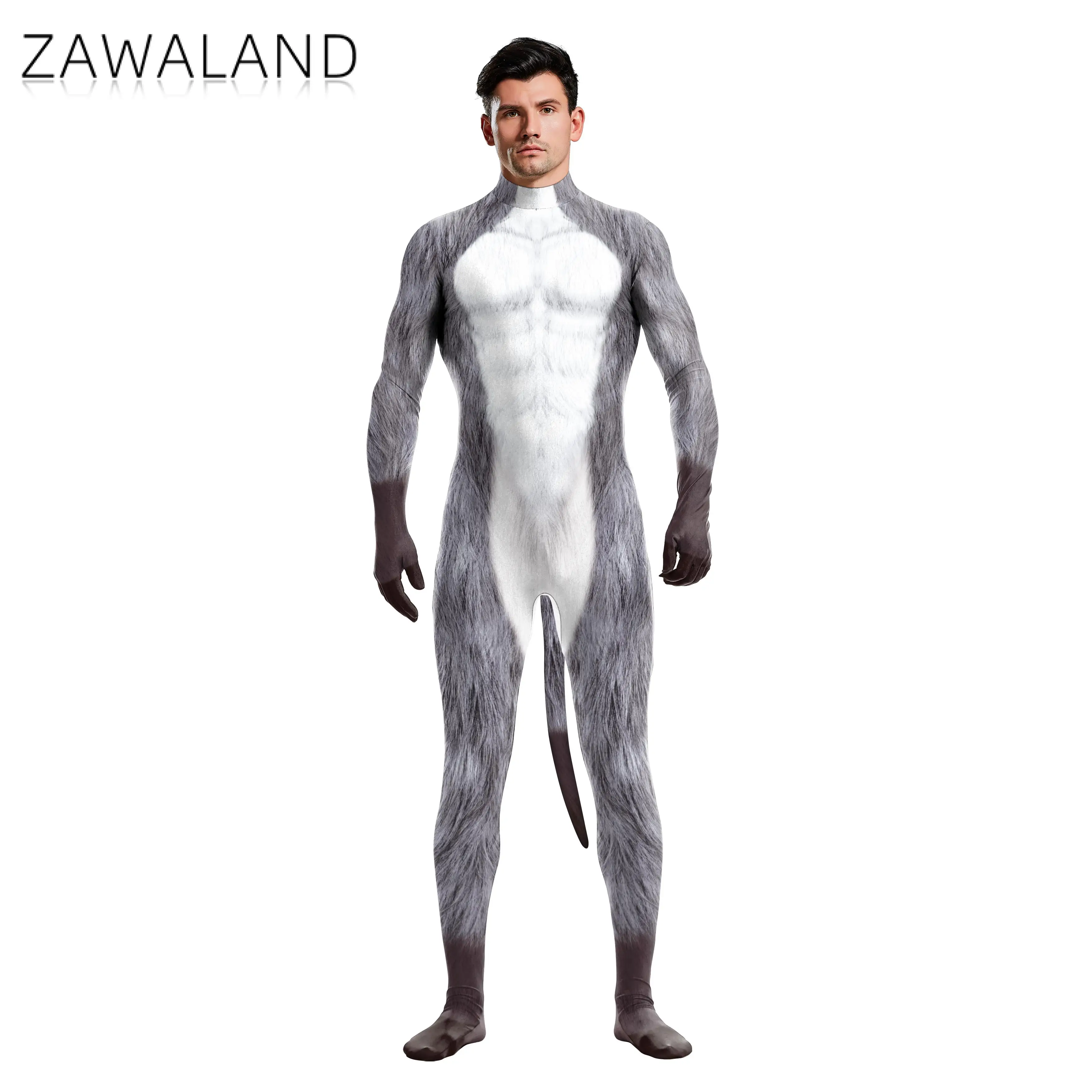 Zawaland Paar Kostuums Bodysuit 3d Print Wolf Met Staart Cosplay Catsuit Jumpsuit Dierenkleding Volwassen Vrouwen Outfits Zentai