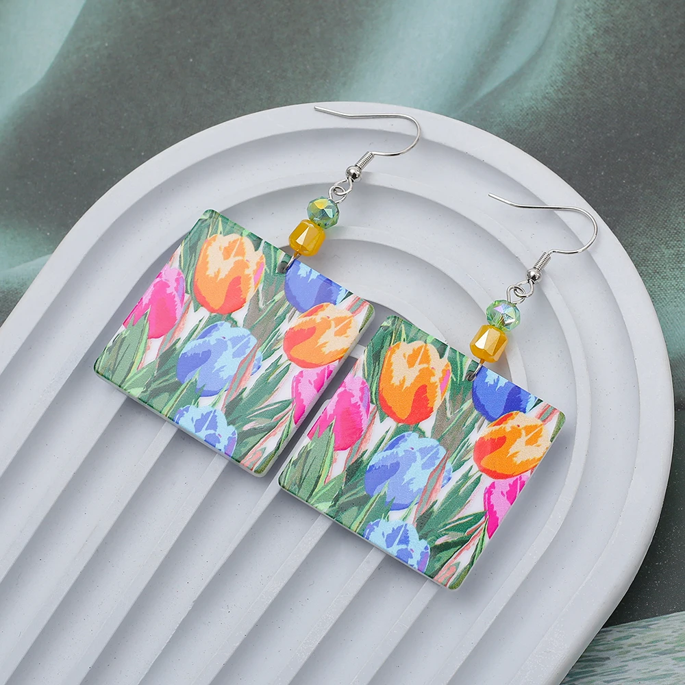 Fashion Gorgeous Colorful Acrylic Women's Earrings 2024 Trend Tulip Flower Relievo Printing Hot Selling Elegant Girls Jewelry