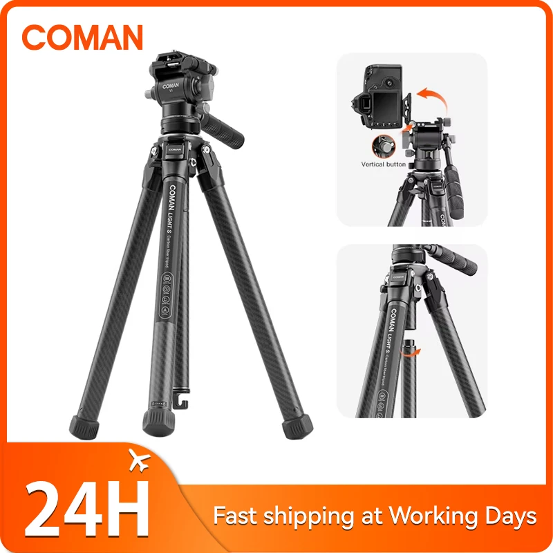 

COMAN Light S Carbon Travel Tripod With Hydraulic Damping Fluid Head Ball Base With 1/4 Screw Arca Swiss Plate For DSLR Camera