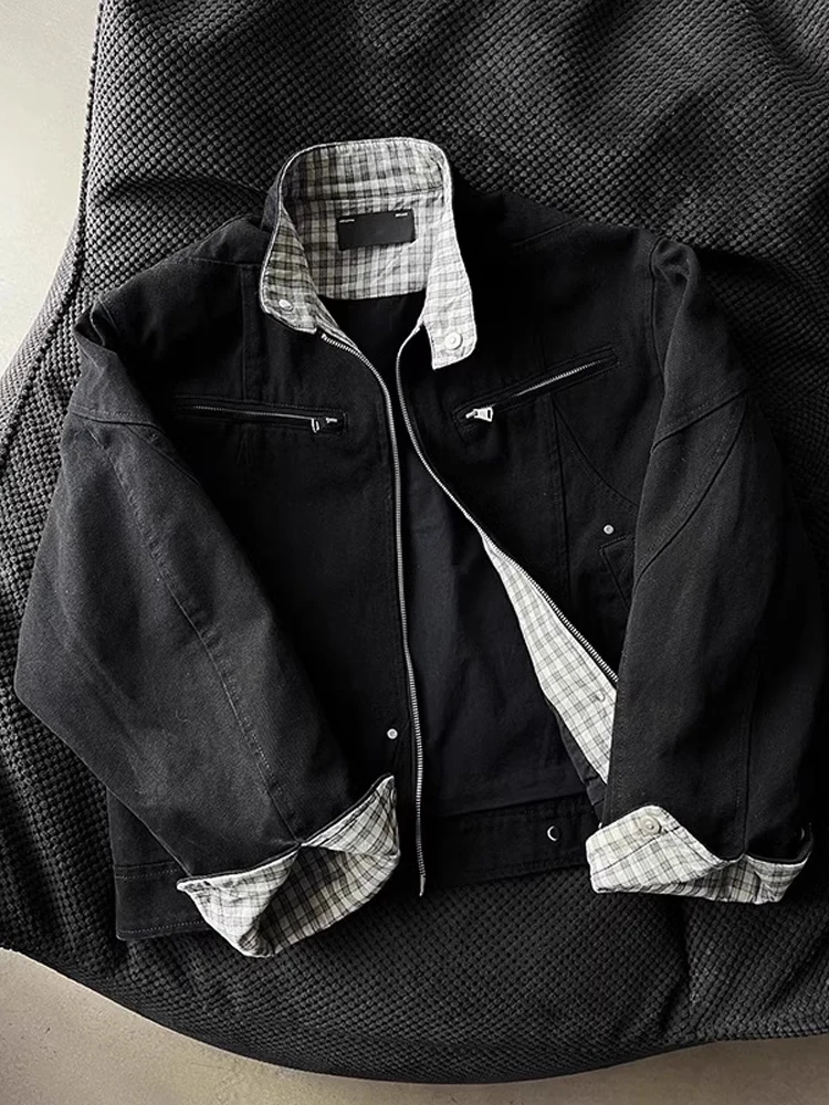 

Retro American Plaid Splicing Workwear Jaet Men's Spring Autumn Cleanfit ort Stand Collar Harlington II Zipper Jaet