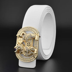 High quality Chinese style kylin golden buckle white belts mens fashion genuine leather famous 3.3cm waist belt casual cowhide