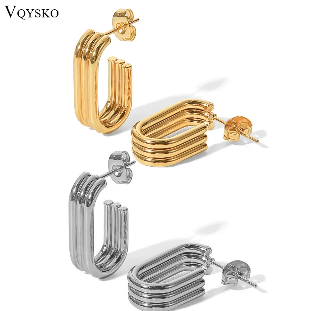 VQYSKO Three Row Striped U Shaped Hoops Open Earrings Rectangular Geometric Minimal Earrings Woman Jewelry Give Gift For Her