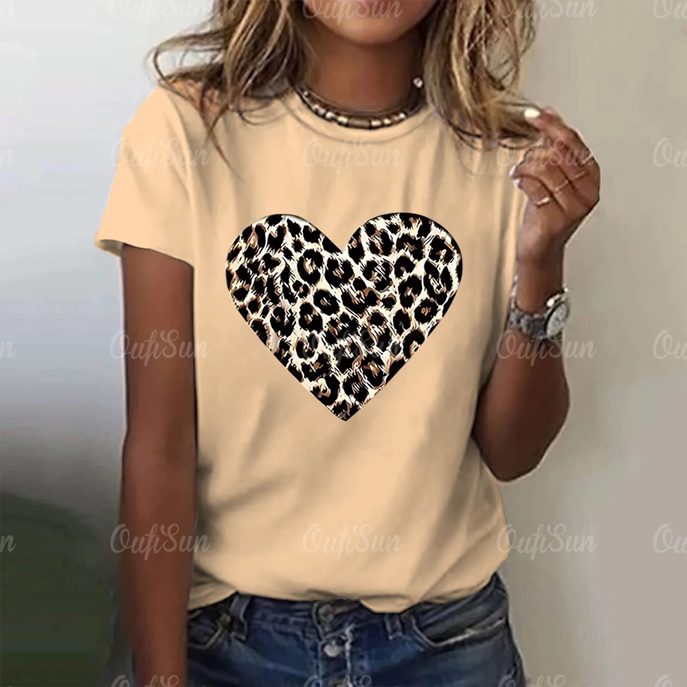 Camisetas con estampado de leopardo para mujer, ropa holgada informal de manga corta, corazón de amor con patrón de Jersey, Verano