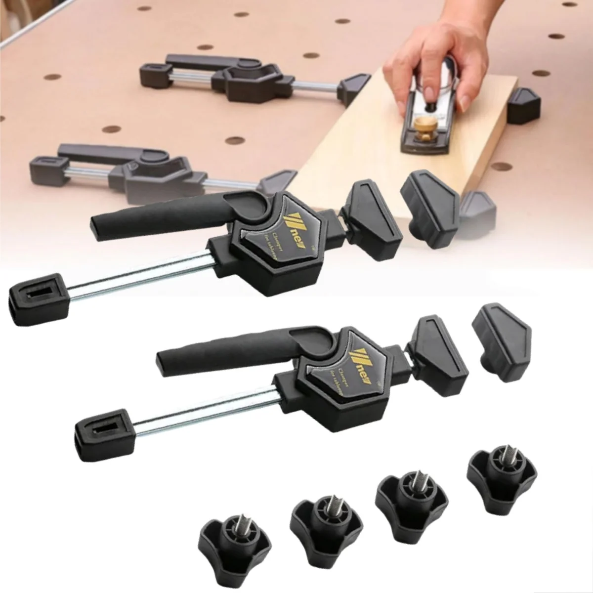 Woodworking Quick Acting Bar Clamp Set 2Pcs, Adjustable Desktop Hold Down Clip Compatible with 19mm 20mm Workbench Dog Holes