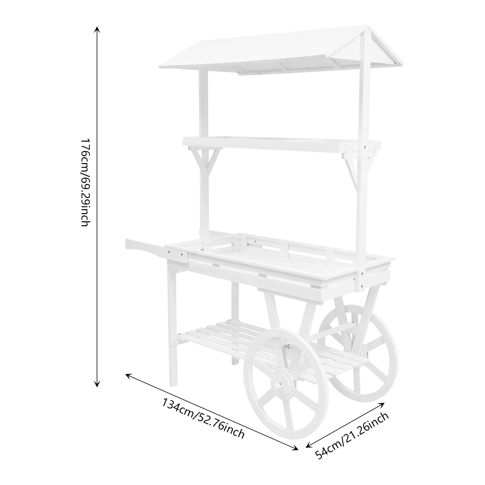 White Cedar Wood Flower Cart Display Stand with 2 Wheels, 3‑Tier Garden Utility Cart for Displaying  Various Flowers, Potted Plants & Food Items