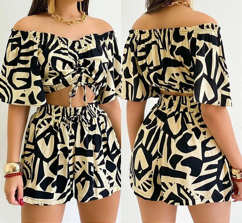 

Shorts 2 Piece Set Woman Outfit 2024 Summer Plant Print Fashion Versatile Off Shoulder Drawstring & Casual Tops Suits for Female