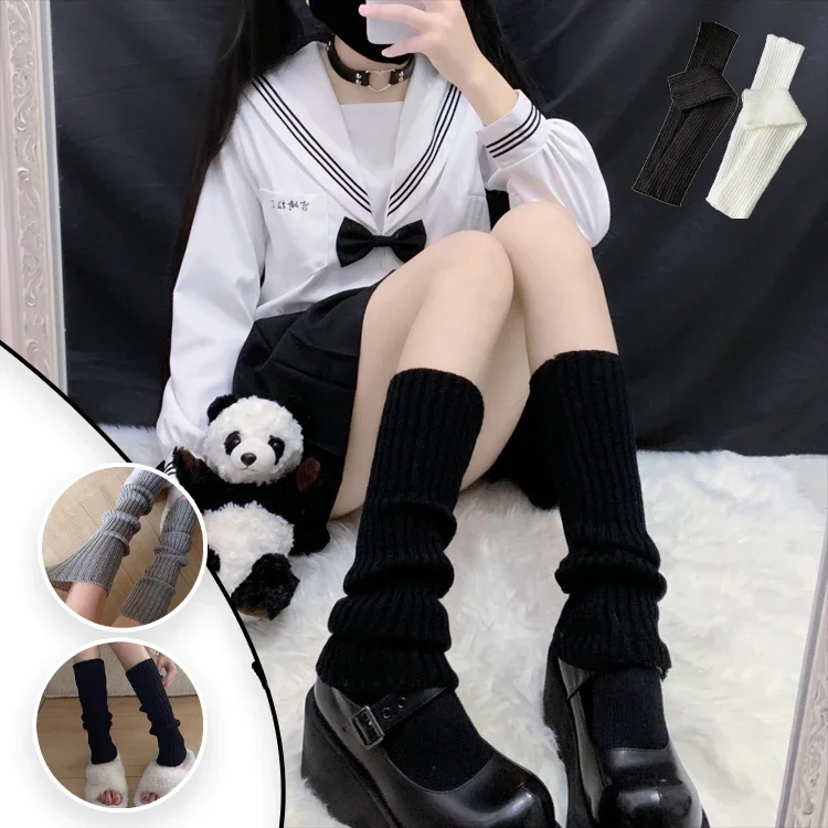 Chunky Knit Retro Leg Warmers Grey Slouchy Harajuku Socks Mid-Calf JK Style with Oversized Design for Street Layering