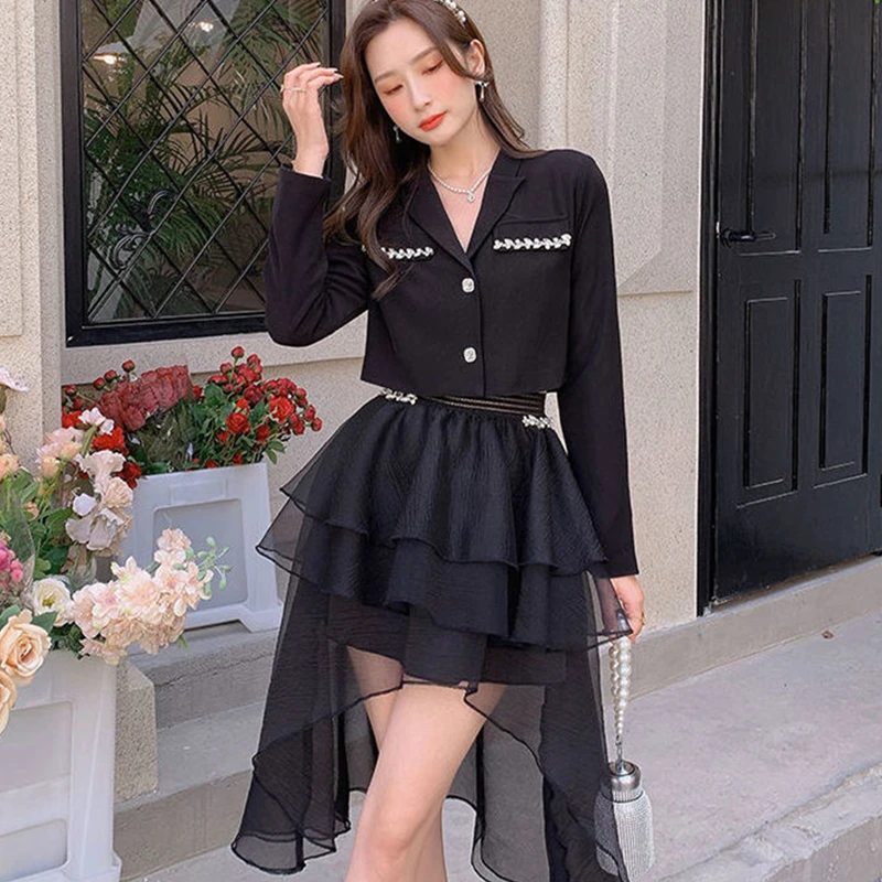 Rhinestone Blazers Skirts Two Piece Set for Women Spring Autumn Graceful Slim Suit Jacket Ball Gown Outfits Office Lady Workwear