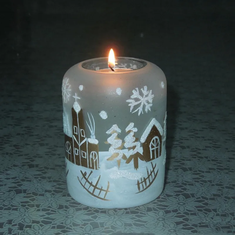 12pcs/pack 8*10cm Cylinder Gold Painted Snow View House Glass Candle Holder Christmas Day Ornament Mall Kindergarten Window Deco