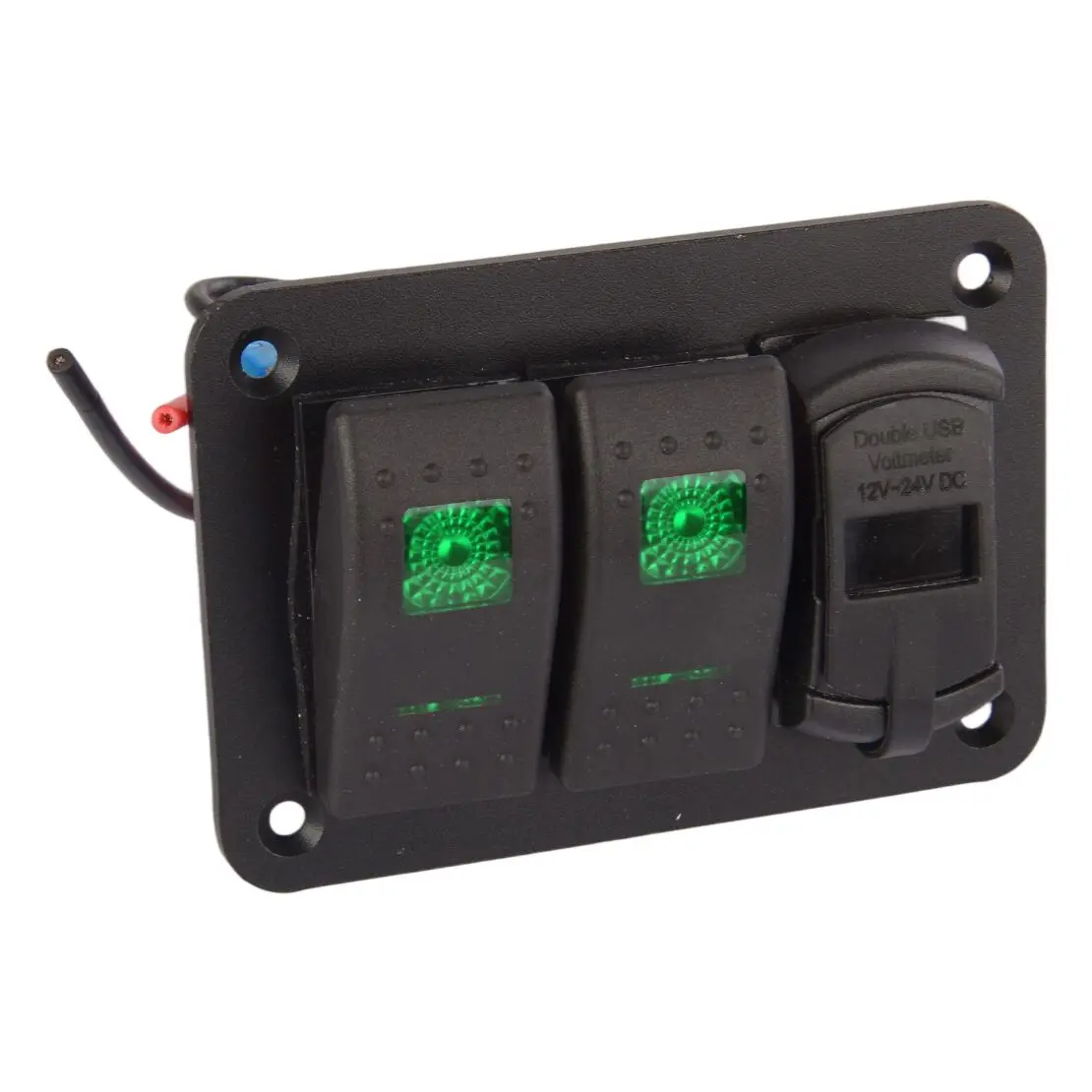2 Gang Rocker ON-OFF Toggle Switch Panel with Voltmeter Dual Charger USB Port Fit for RV Car Truck Marine Boat Green LED