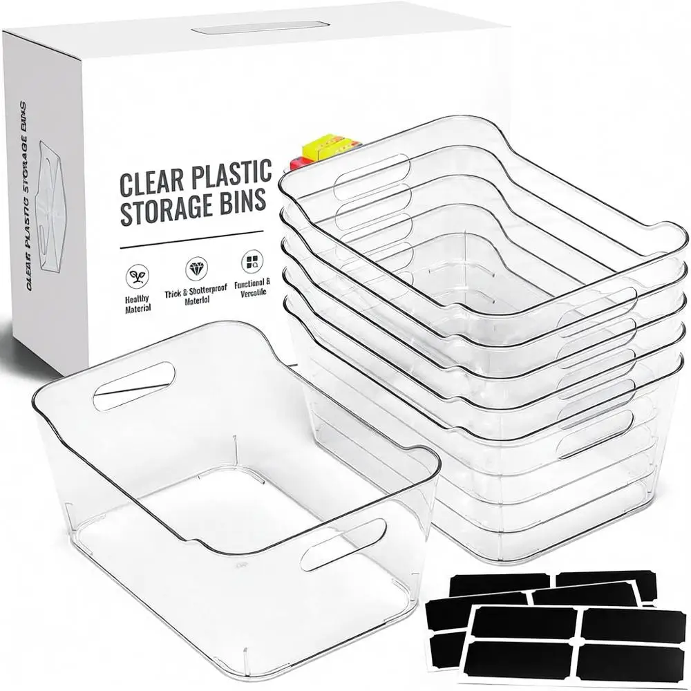 

Набор из 12 прозрачных пластиковых контейнеров для хранения с этикетками для дома, кухни, кладовой, ванной комнаты, офиса, организации пространства в шкафах