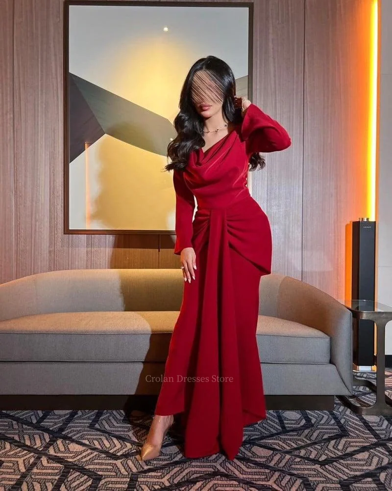 V-neck Mermaid Ankle-Length Evening Dresses Elegant Red Saudi Arabia Women's Party Gowns Pleats Long Sleeves Dignified Vestidos