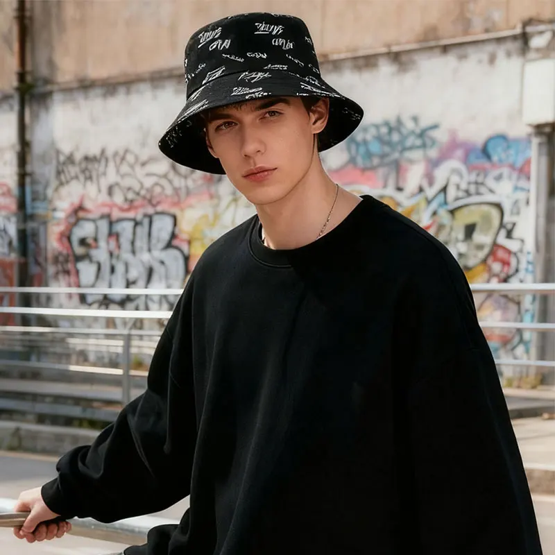 Wende-Fischerhut mit Buchstabendruck, stilvoll und vielseitig für Männer und Frauen