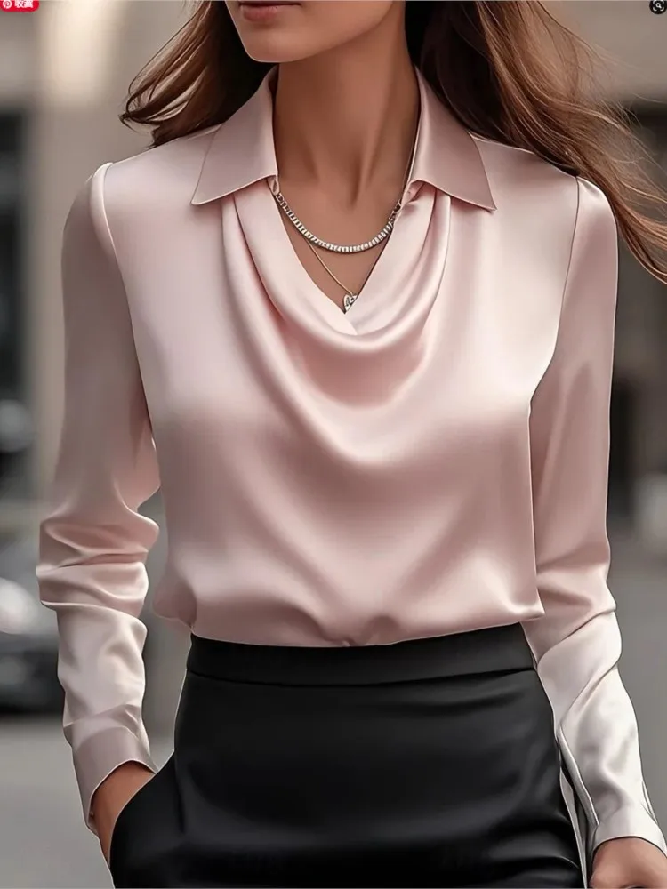 ซาตินผู้หญิงเสื้อ Retro แขนยาวฤดูใบไม้ผลิฤดูใบไม้ร่วงสไตล์ใหม่สีทึบ Swing COLLAR เสื้อคอปกผู้หญิง TOP