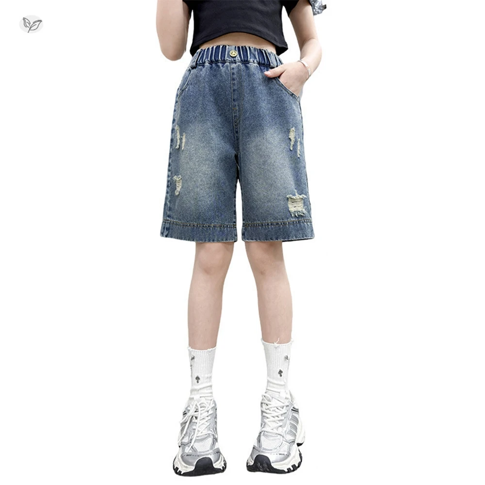نمط جديد للأطفال فتاة y2k Harajuku المتعثرة ممزق الدينيم السراويل الطفل الشارع الشهير منتصف الخصر الركبة طول السراويل السراويل