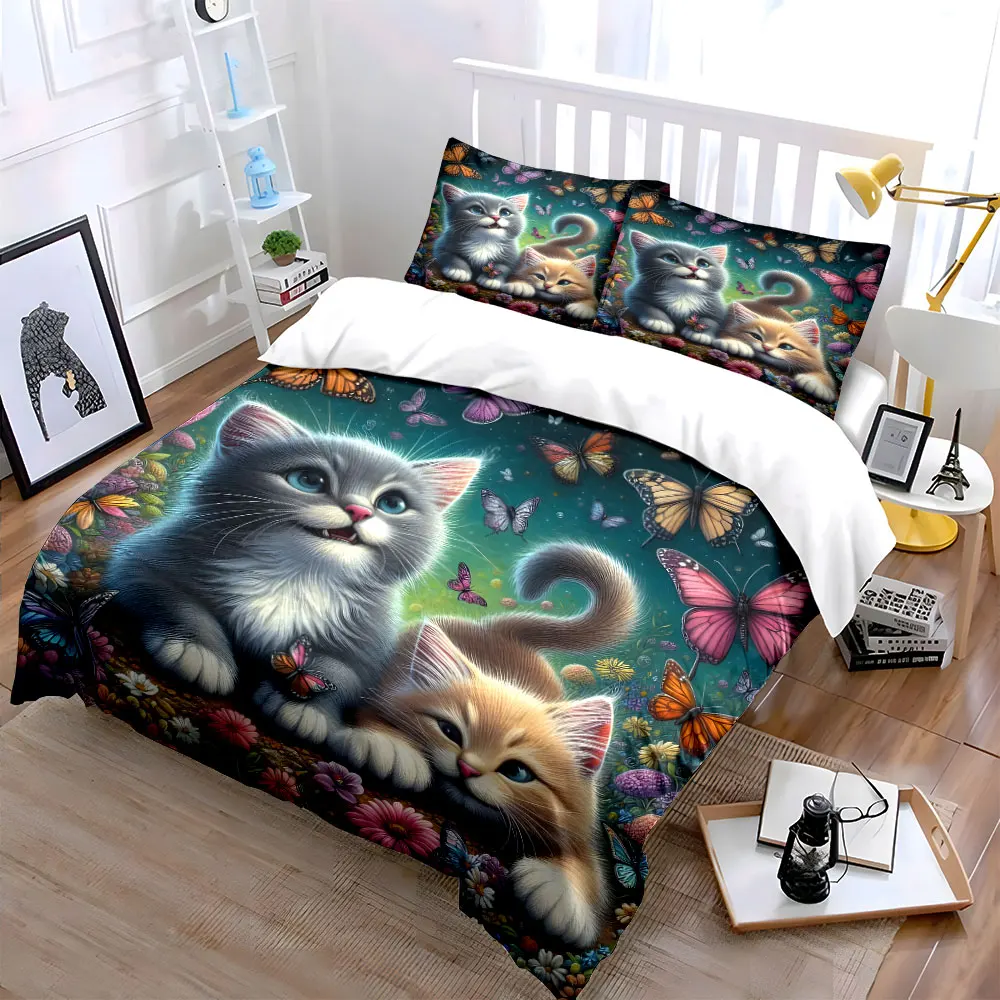 Cute kittens with butterflies Pattern Duvet Cover Set Digital Print Colorful Polyester Bedding with Zipper Closur for kids gifts