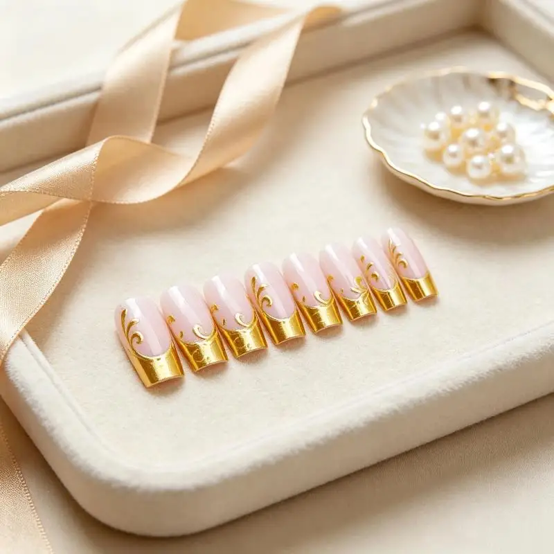 24Pcs Square Shape Nude Golden Gilding Flora Design Full Cover Press On Artificial Nails Medium Long Fake Nails For Women