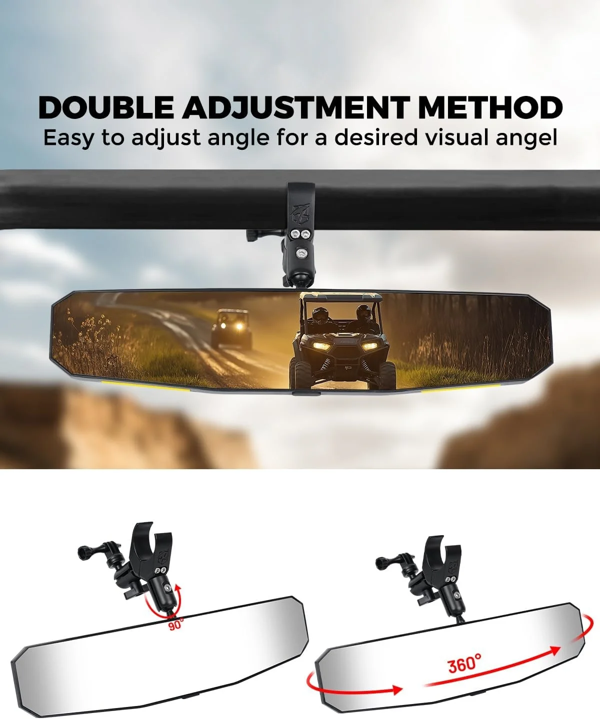 New17'' Center Mirror High Intensity Light UTV Rear View LED Mirror With Interior  Light and Additional GoPro Mount