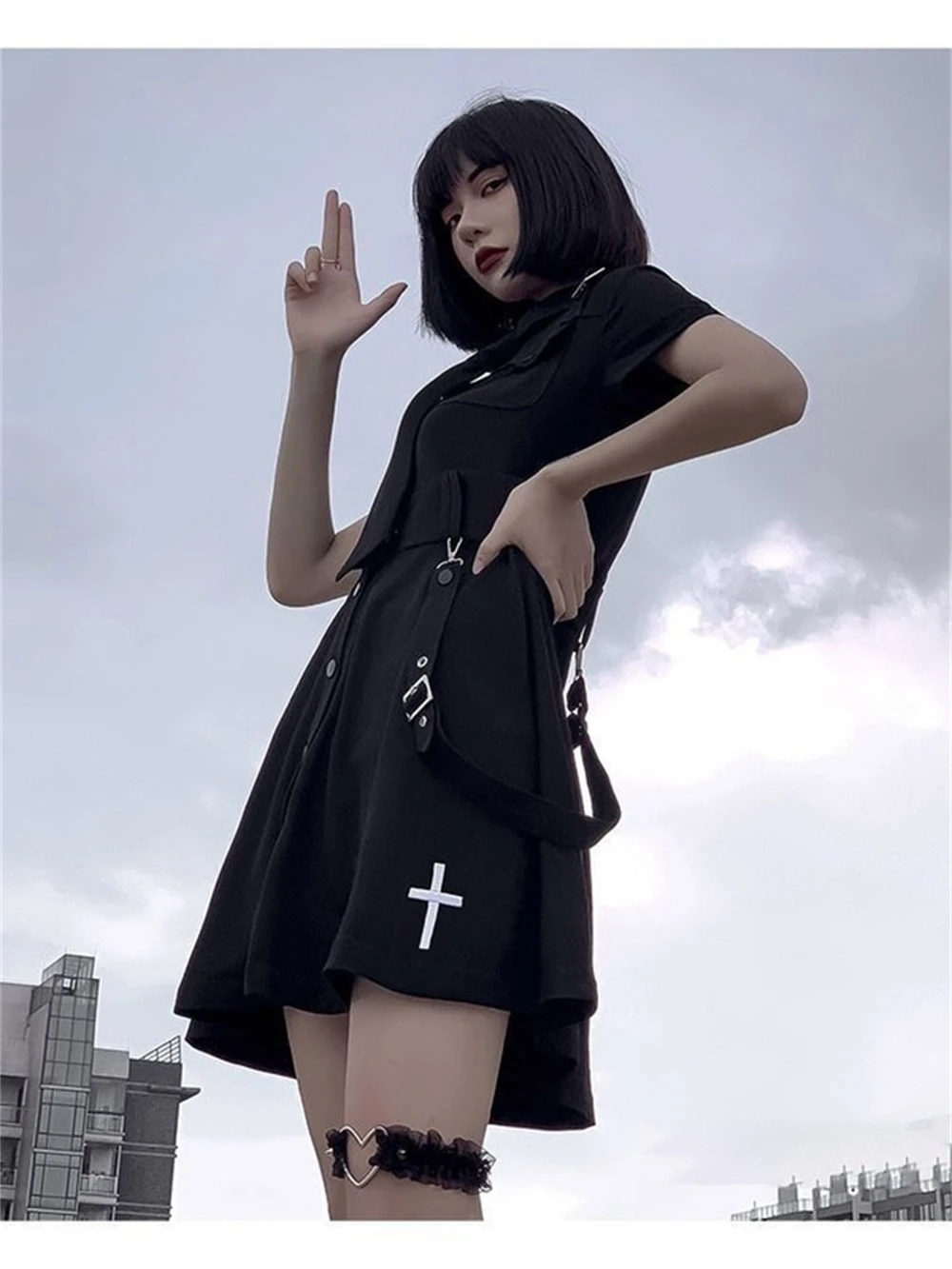 Goth Black Techwear Cargo Mini Dress Women Japanese Lolita Y2k High Waist Emo Dresses Harajuku Female Egirl Grunge Robe Vestidos