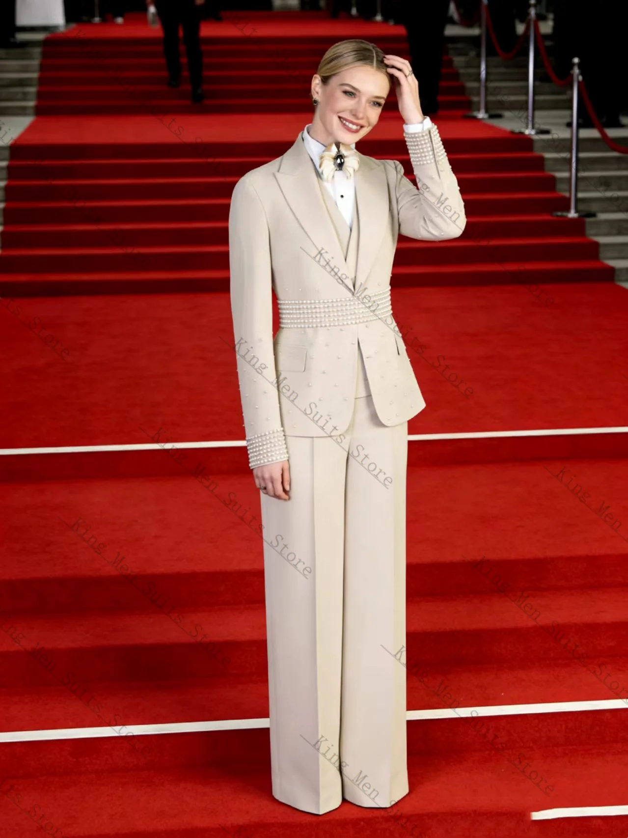 

Beige Women Suit Set 2 Pcs Blazer+Pants Trousers Pearls Spring Customized Formal Office Wedding Tuxedos Coat Prom Jacket