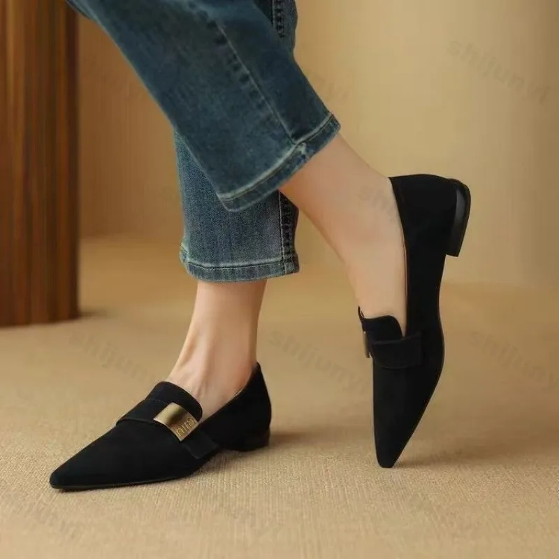 

French Style Deep Mouth Single Shoes Women Spring 2025 New Pointed Low Heel Flat Shoes Thick Heel Matte Elegant Loafers Shoes