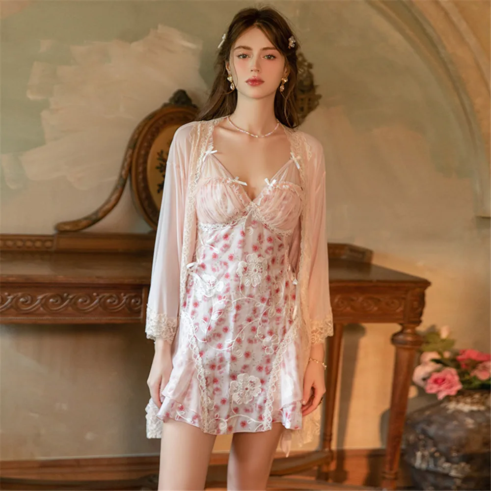 

Sexy 2PCS Nighty&Robe Set Nightgown Mesh Bathrobe Night Dress Summer Silk Satin Sleepwear Homewear