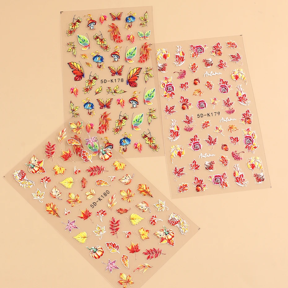 1 pz 5D autunno foglie Nail Art adesivi foglia d'acero farfalla fungo ombrello inciso cursore in rilievo decorazione Manicure autunnale