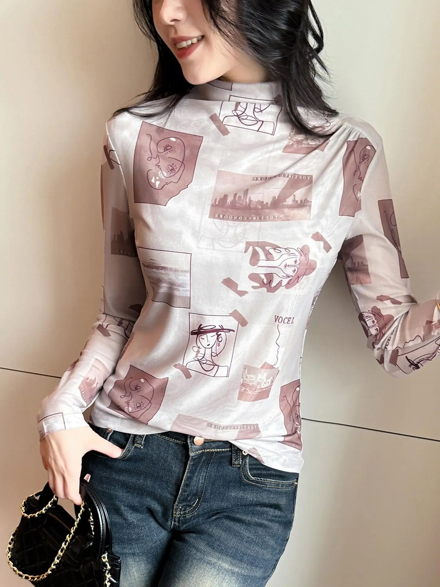 패셔너블 프린트 롱 슬리브 하이 칼라 여성용 가을 겨울 슬림 핏 슬리밍 이너웨어 탑 트렌디