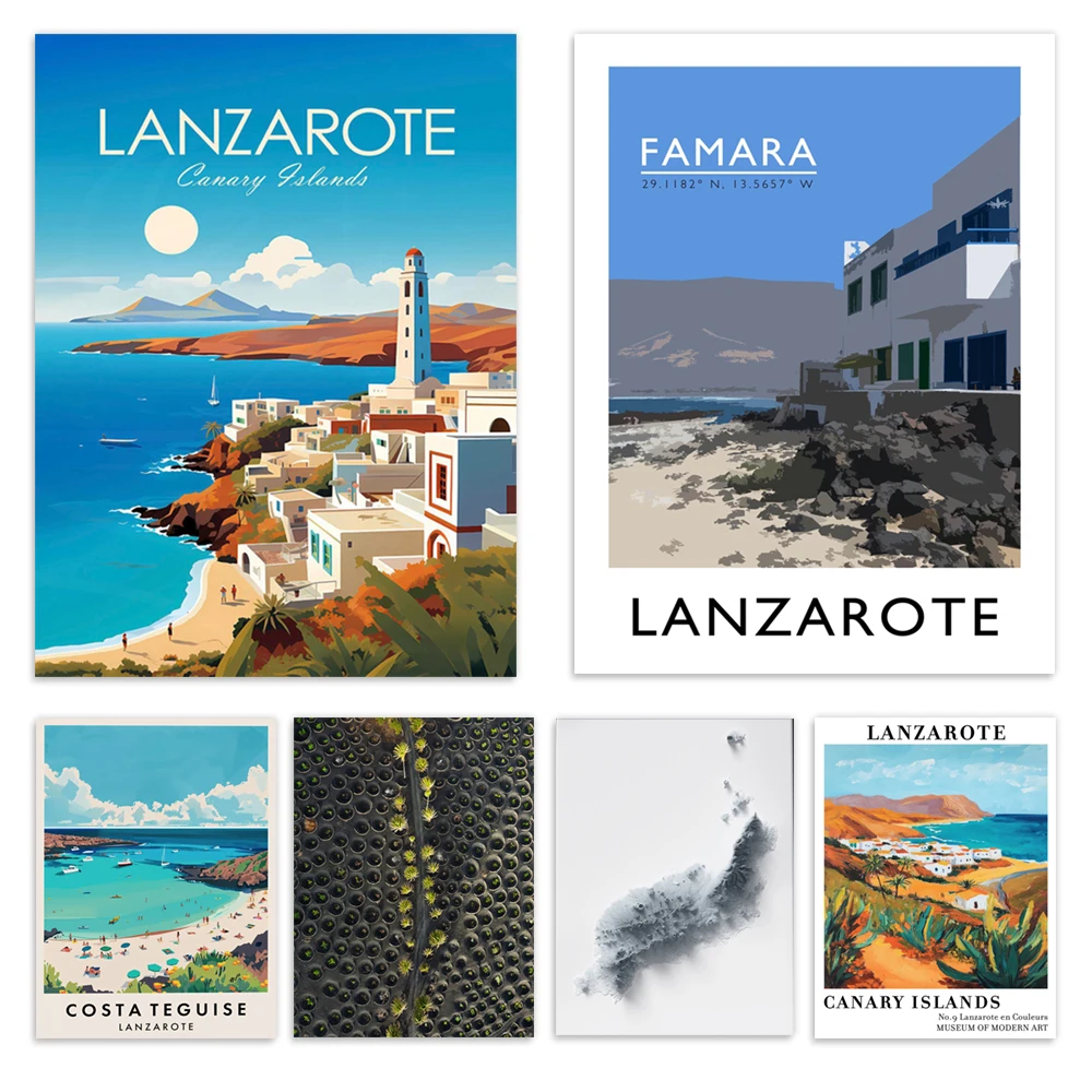 Lanzarote, España, Vineyards de Timanfaya, Playa de Famara, Islas Canarias, Costa Teguise, Impresión de cartel de viaje con mapa de Lanzarote