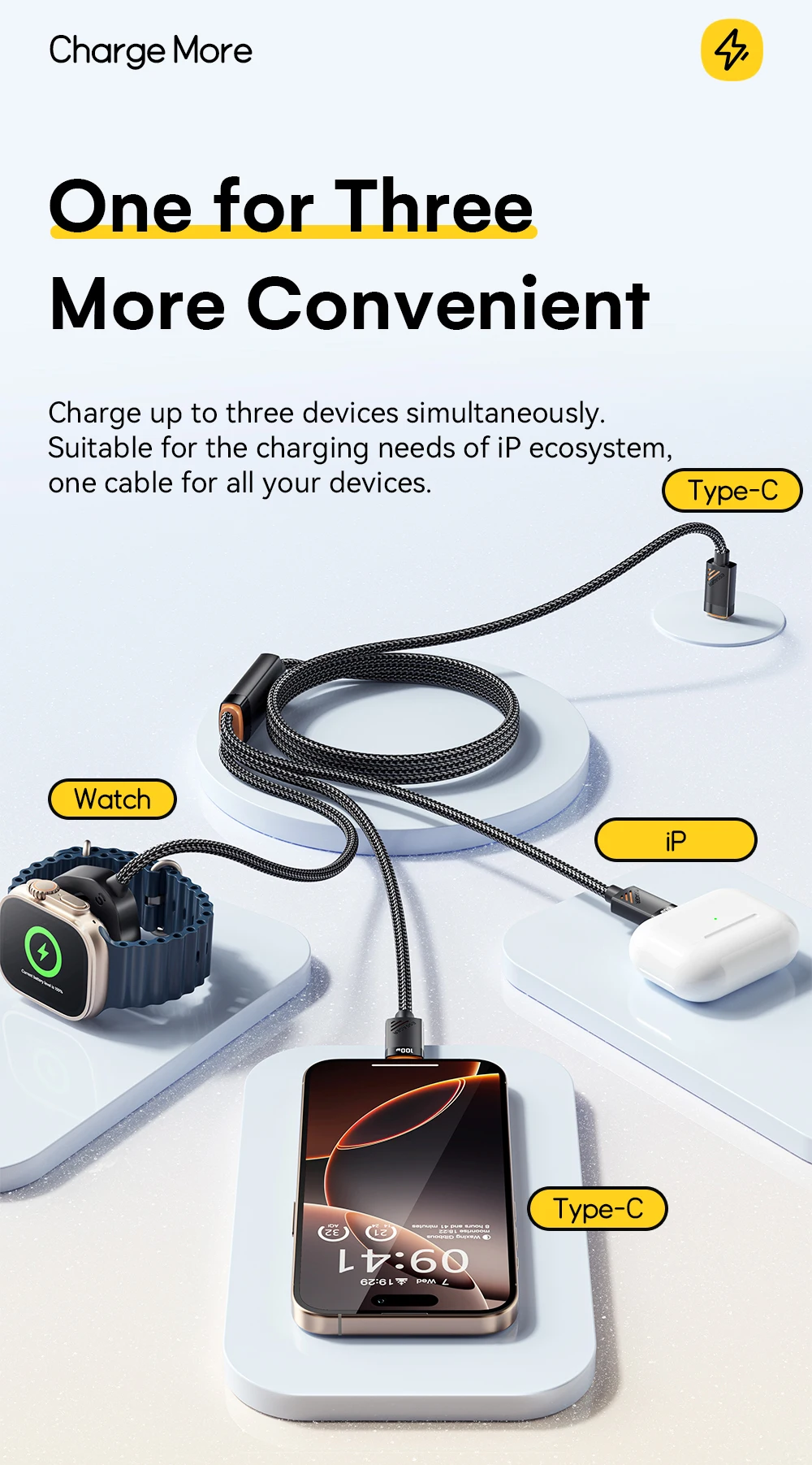Essager 3-in-1 100 W Multi-USB-C-Ladekabel für Apple iWatch iPhone 16/15/14/13 Pro mit Typ-C-Lightning-Schnellladekabel – Detail 6