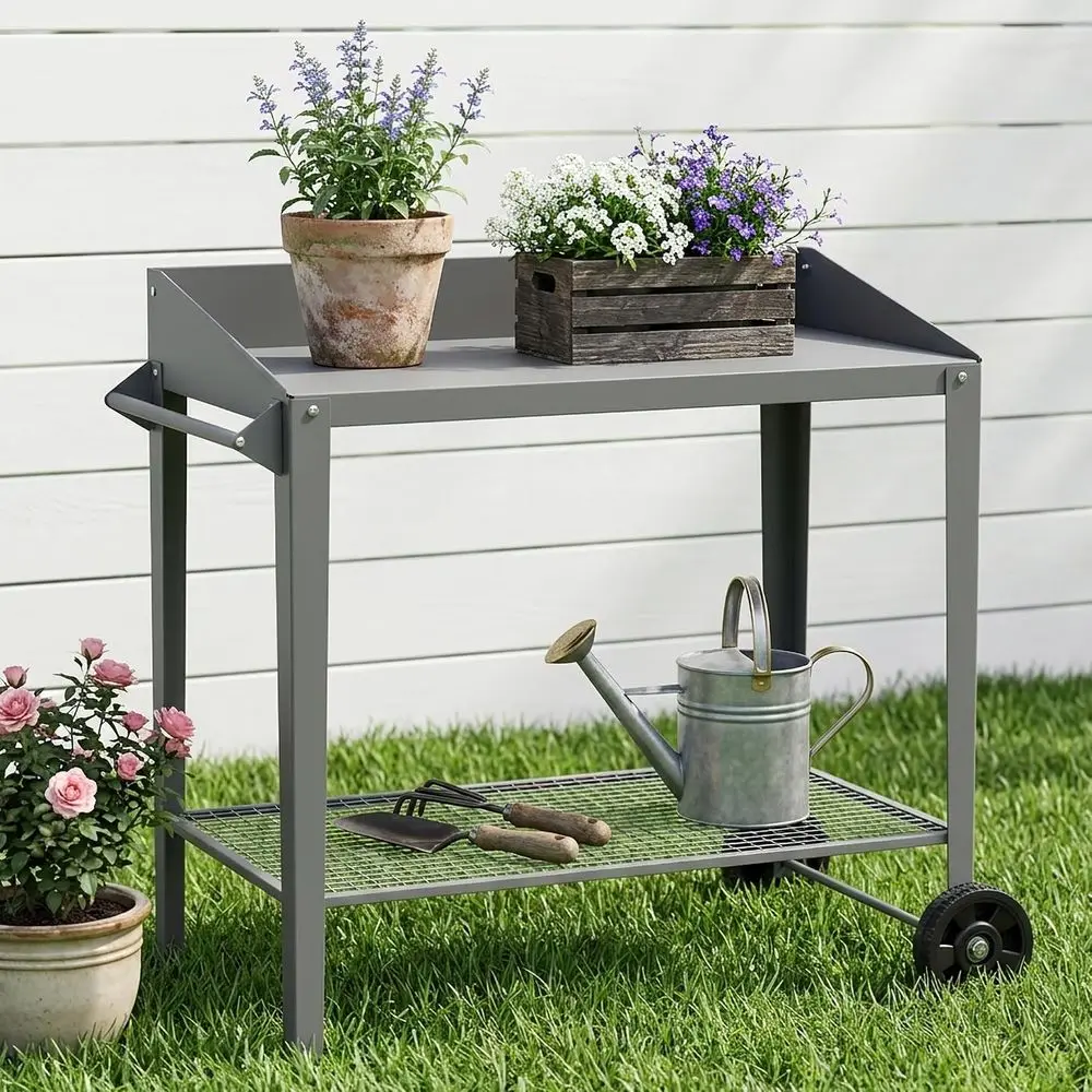 Outdoor Metal Potting Bench with Wheels, Storage Shelf, Gray | All-Weather Metal, Raised-Edge Worktop, Wire Mesh Shelf, Sturdy N