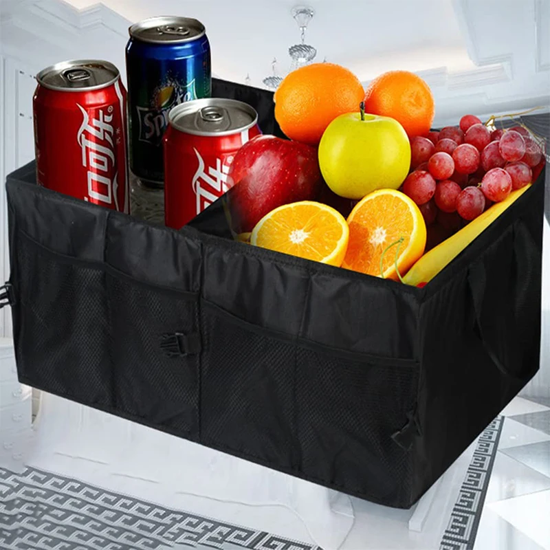 Collapsible Car Trunk Organizer, Multi-Compartment Storage Box with Mesh Pockets and Handles