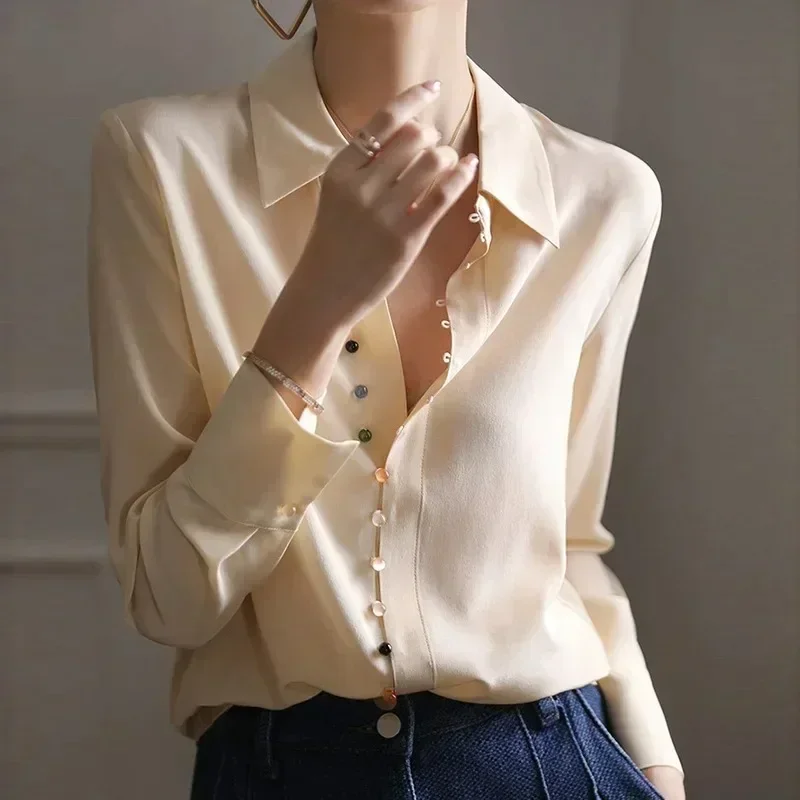 Satin Silk Shirt for Women, Colorful Button Up Shirt, Chic Vintage Blouse, Elegant and Casual, White Tops, 2024 Spring New 18834