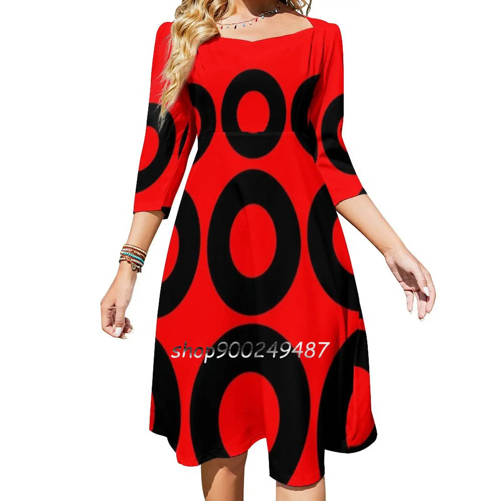 Circle Of Life Square Neck Dress Sweet Summer Dress Women Multiple styles Print Dress Red White Circles Mod 60S Modern Hoops