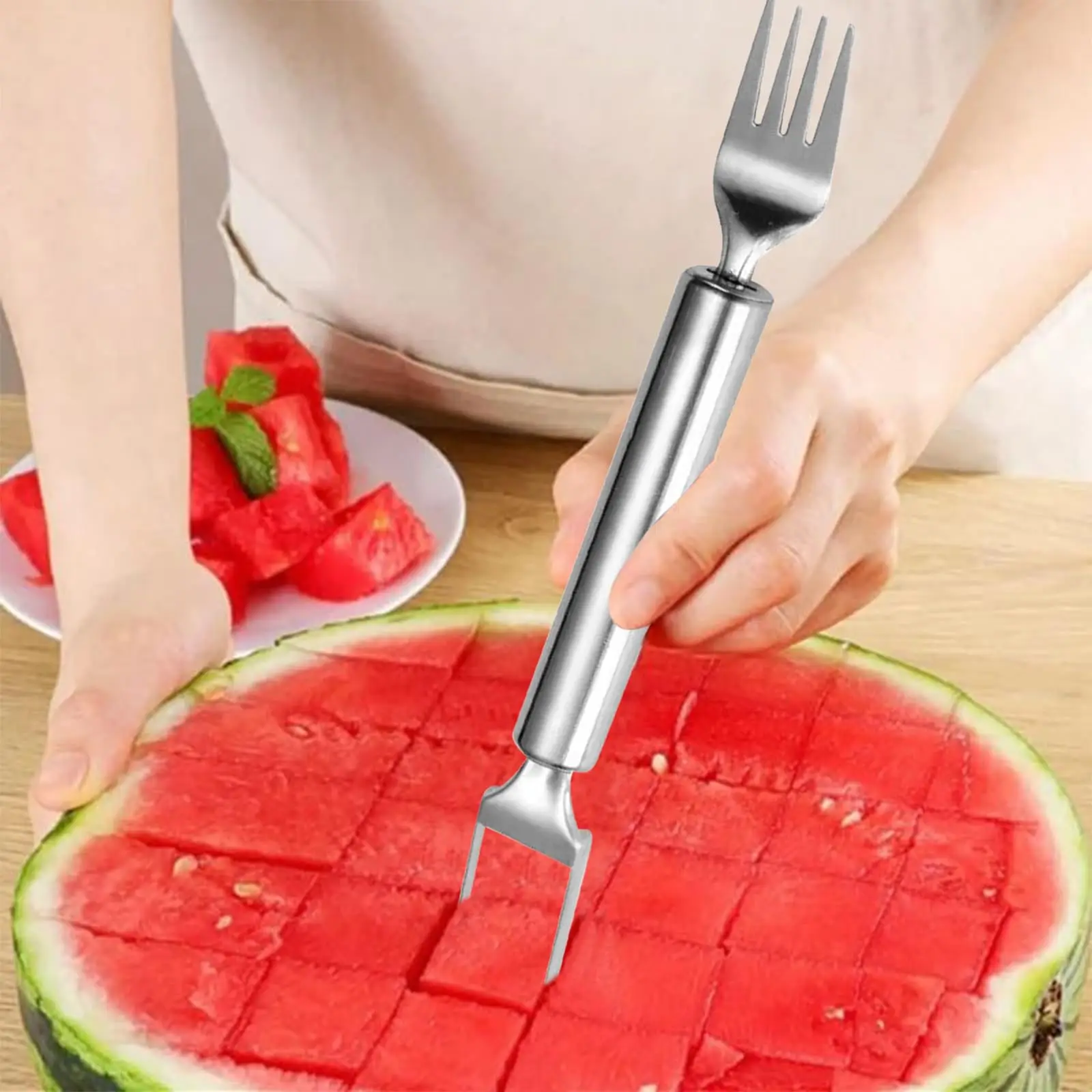 스테인레스 스틸 과일 커터, 듀얼 헤드 수박 포크 커터 슬라이서 도구, 가정용 주방 가제트 멜론 큐브 커터, 2 인 1