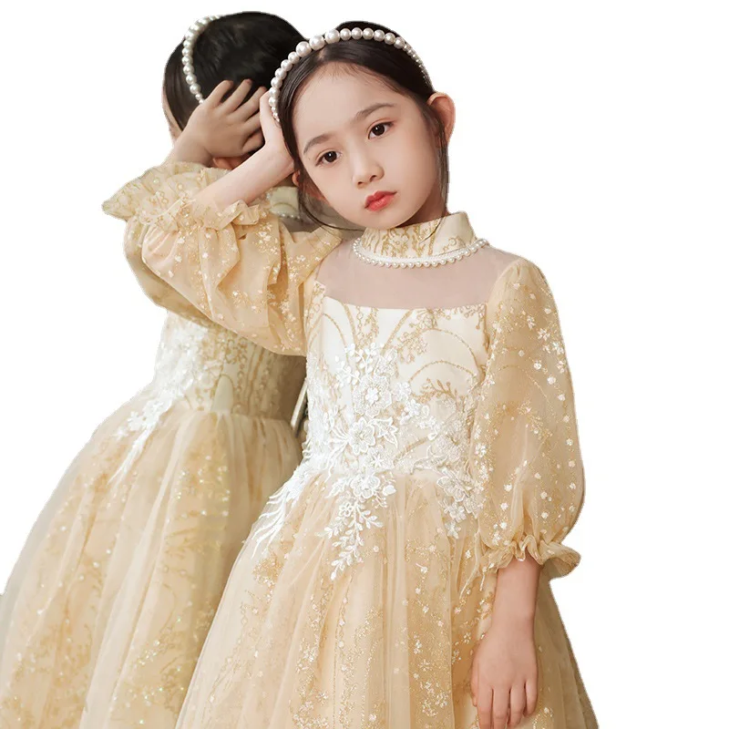 Children's Dresse pearl flower kids Lace Perspective Sexy Long Dress for wedding Ball Birthday party Girl Bridesmaid Dress robe