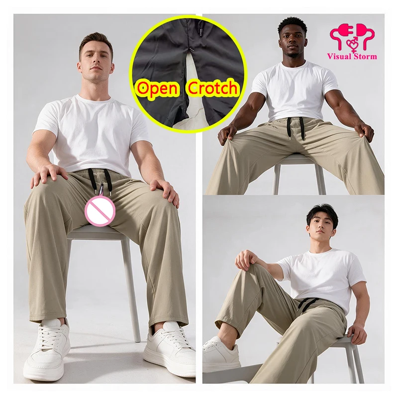 ‌Men Open Crotch Hidden Zipper Pants Quick Dry Long Loose Casual Athletic Outdoor  Wide Leg Joggers Crotchless Trousers Bottoms